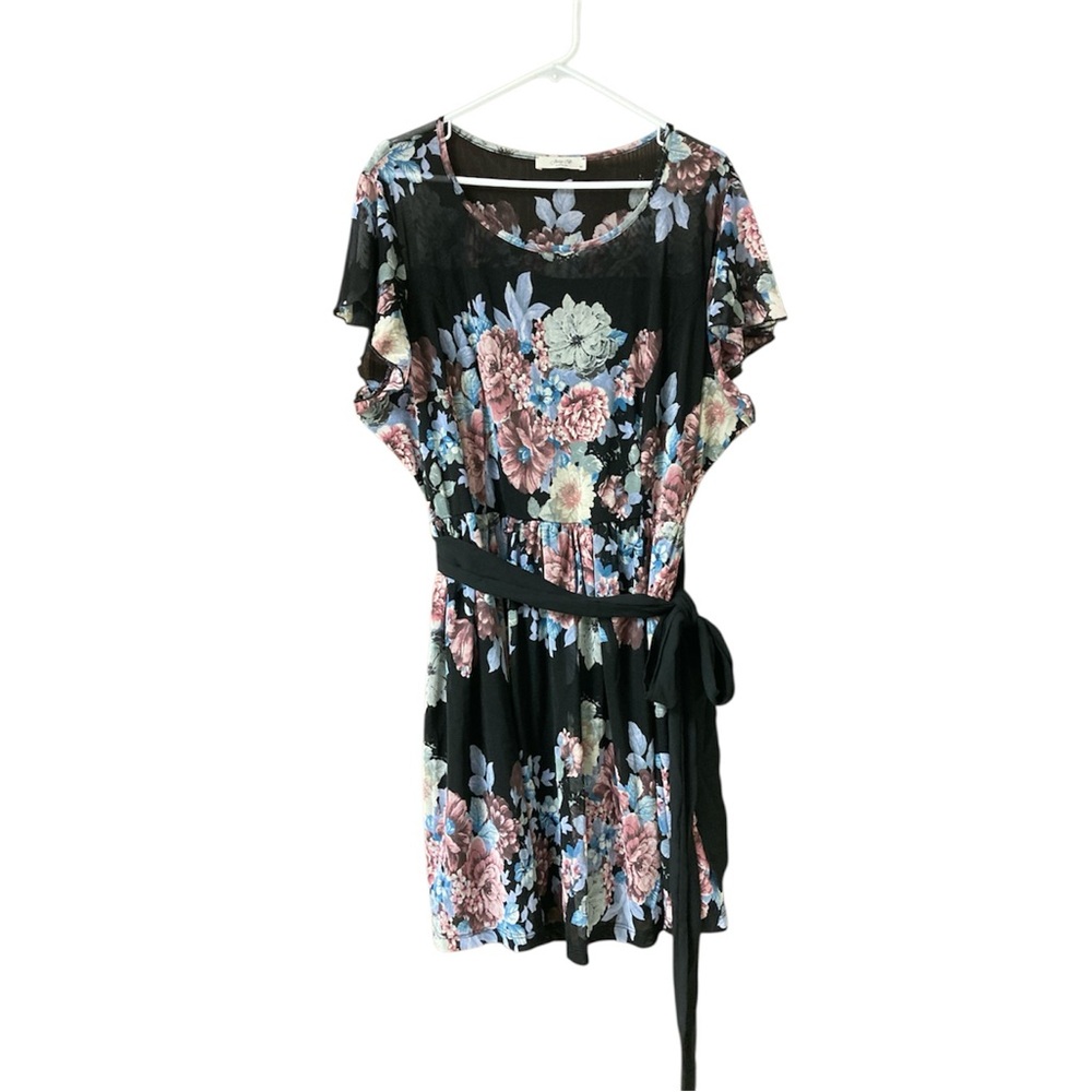 Jessy B 4X Floral Black Dress Flutter Sleeves pink Brunch Wedding Guest NWOT